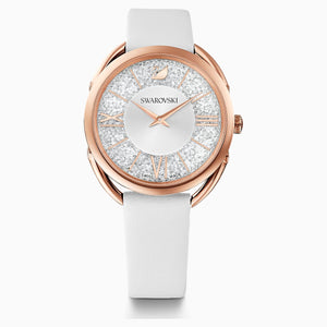 Crystalline Glam Watch, Leather strap, White, Rose-gold tone PVD