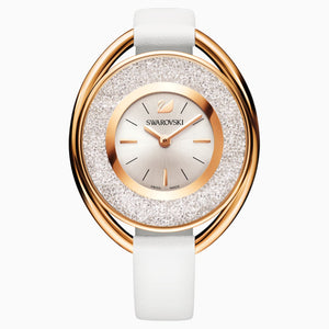 Crystalline Oval Watch, Leather strap, White, Rose-gold tone PVD