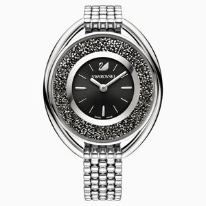 Crystalline Oval Watch, Metal bracelet, Black, Silver Tone