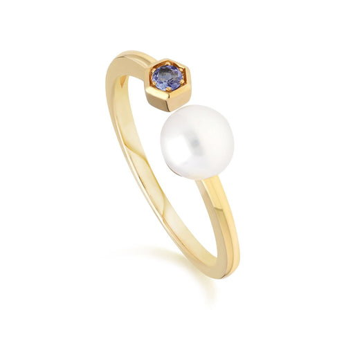 Modern Pearl & Tanzanite Open Ring in 9ct Yellow Gold