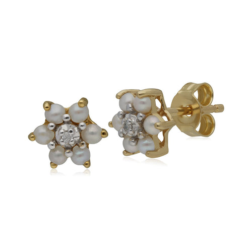 Classic Floral Pearl & Diamond Stud Earrings in 9ct Yellow Gold