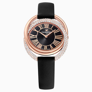 Duo Watch, Leather strap, Black, Rose-gold tone PVD