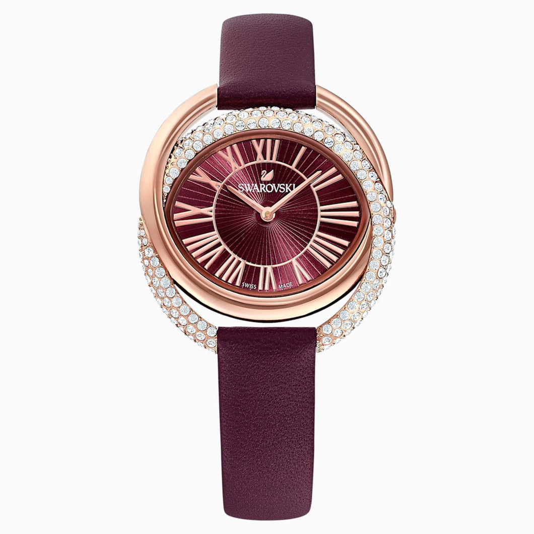 Duo Watch, Leather strap, Dark red, Rose-gold tone PVD