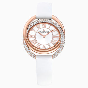 Duo Watch, Leather strap, White, Rose-gold tone PVD