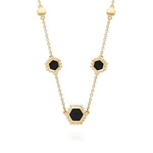 Black Onyx Flat Slice Hex Chain Necklace in Gold Plated Sterling Silver