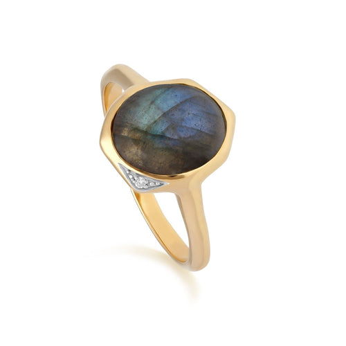 Irregular B Gem Labradorite & Diamond Ring in Gold Plated Sterling Silver