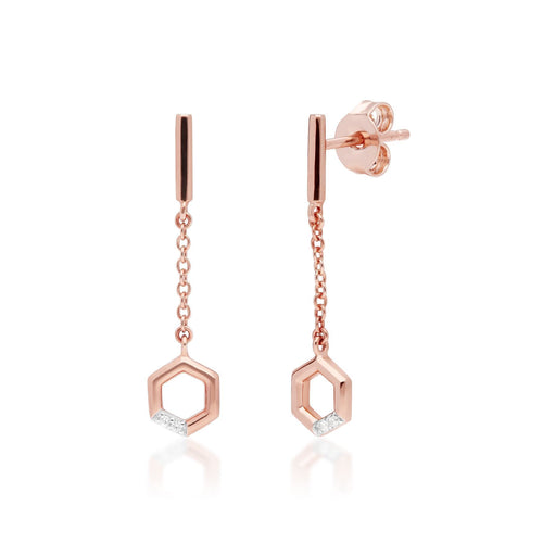 Diamond Pave Hexagon Dangle Drop Chain Earrings in 9ct Rose Gold