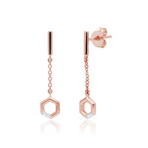 Diamond Pave Hexagon Dangle Drop Chain Earrings in 9ct Rose Gold