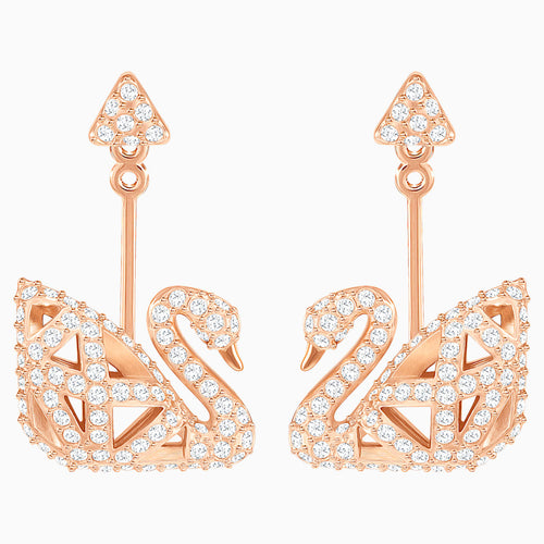 Facet Swan Pierced Earrings, White, Rose-gold tone plated