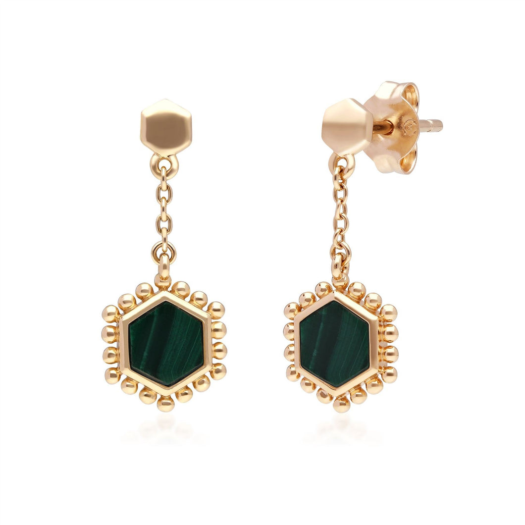 Malachite Flat Slice Hex Drop Earrings in Gold Plated Sterling Silver