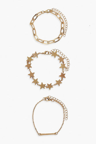 Womens Star & Chain Bracelet 3 Pack - metallics - One Size, Metallics