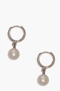 Womens Pearl Pendant Huggie Hoop Earrings - grey - One Size, Grey