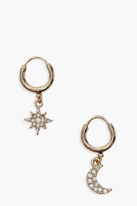 Womens Star And Moon Diamante Huggie Hoop Earrings - metallics - One Size, Metallics