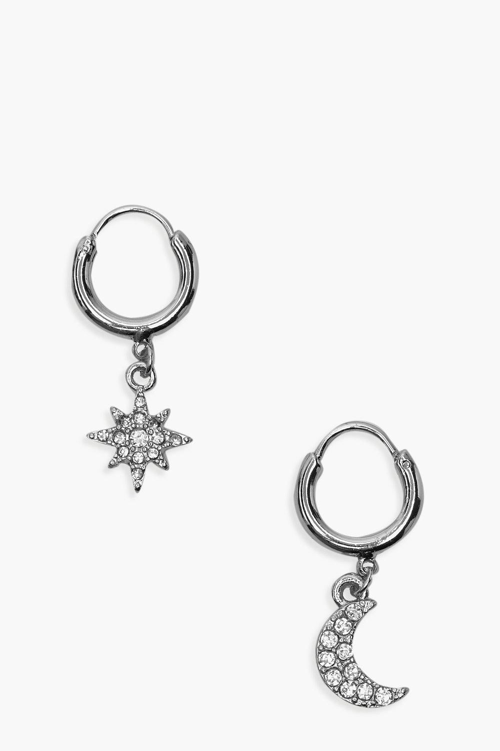 Womens Star And Moon Diamante Huggie Hoop Earrings - grey - One Size, Grey