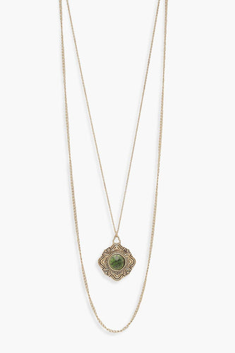 Womens Vintage Look Green Stone Layered Necklace - metallics - One Size, Metallics