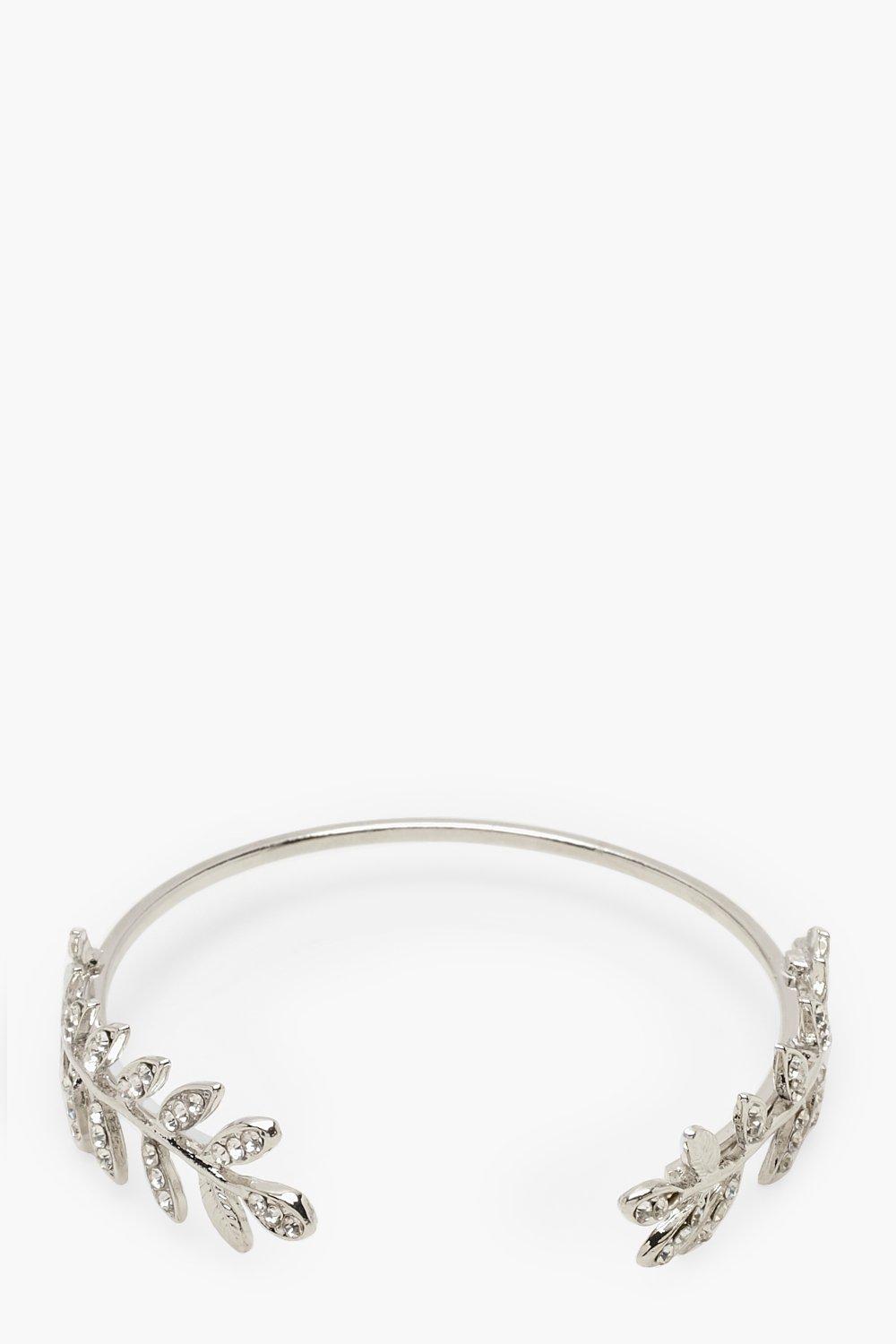 Womens Diamante Leaf Bangle - grey - One Size, Grey