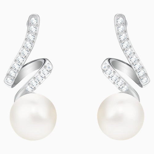 Gabriella Pearl Pierced Earrings, White, Rhodium plated