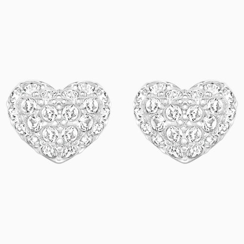 Heart Pierced Earrings, White, Rhodium plated