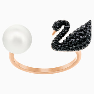 Iconic Swan Open Ring, Black, Rose-gold tone plated