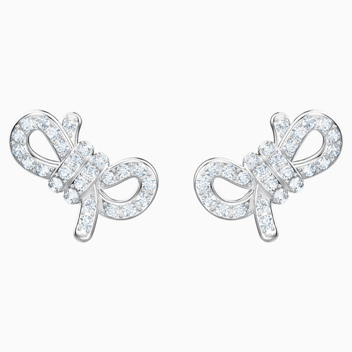 Lifelong Bow Pierced Earrings, White, Rhodium plated