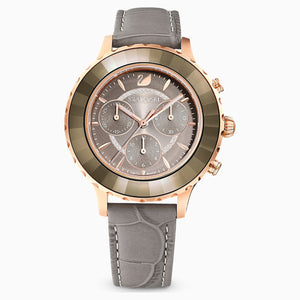 Octea Lux Chrono Watch, Leather strap, Grey, Rose-gold tone PVD