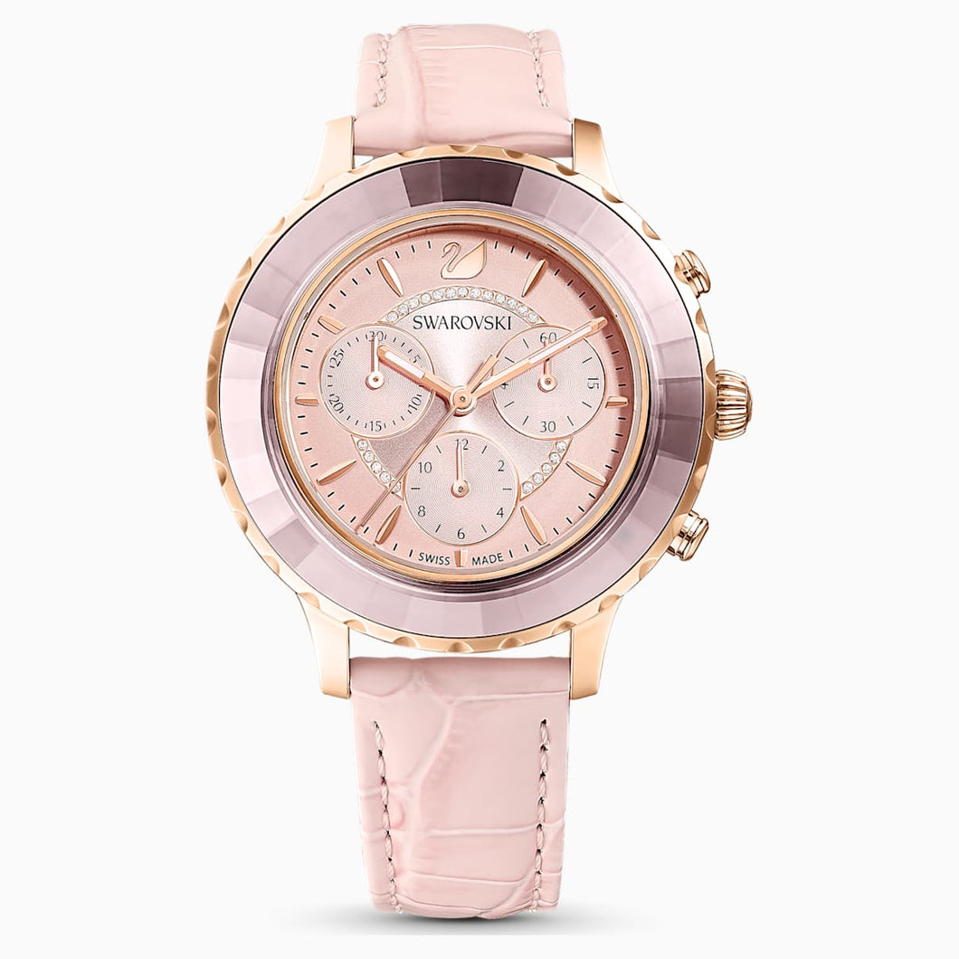 Octea Lux Chrono Watch, Leather strap, Pink, Rose-gold tone PVD