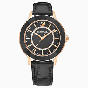 Octea Lux Watch, Leather strap, Black, Rose-gold tone PVD