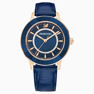 Octea Lux Watch, Leather strap, Blue, Rose-gold tone PVD