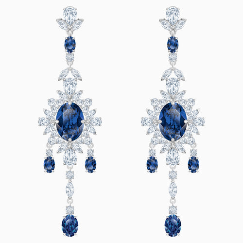 Palace Chandelier Pierced Earrings, Blue, Rhodium plated