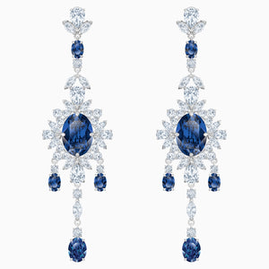 Palace Chandelier Pierced Earrings, Blue, Rhodium plated