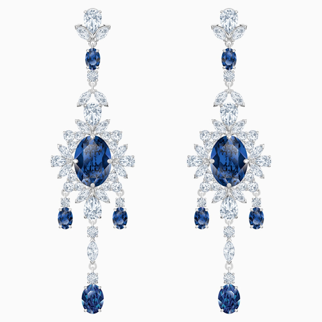 Palace Chandelier Pierced Earrings, Blue, Rhodium plated