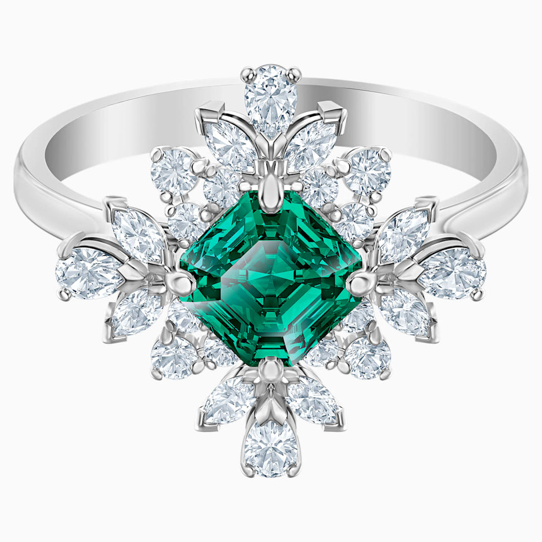 Palace Motif Ring, Green, Rhodium plated