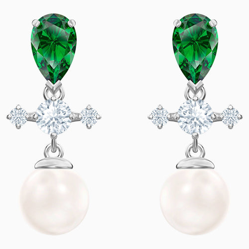 Perfection Drop Pierced Earrings, Green, Rhodium plated