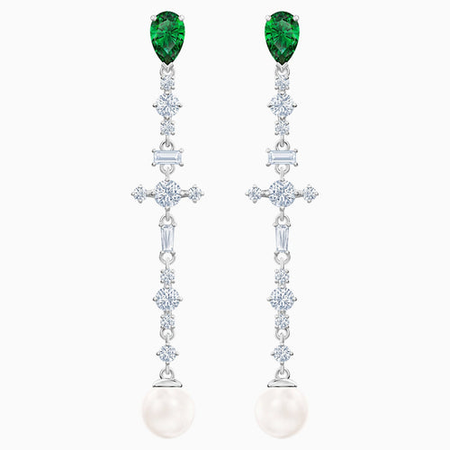 Perfection Pierced Earrings, Green, Rhodium plated