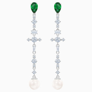 Perfection Pierced Earrings, Green, Rhodium plated