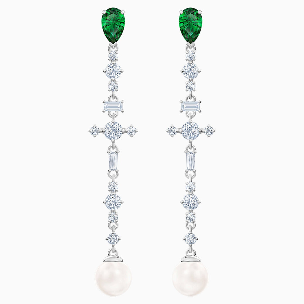 Perfection Pierced Earrings, Green, Rhodium plated