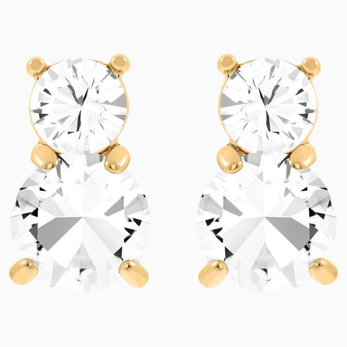 Solitaire Double Pierced Earrings, White, Gold-tone plated