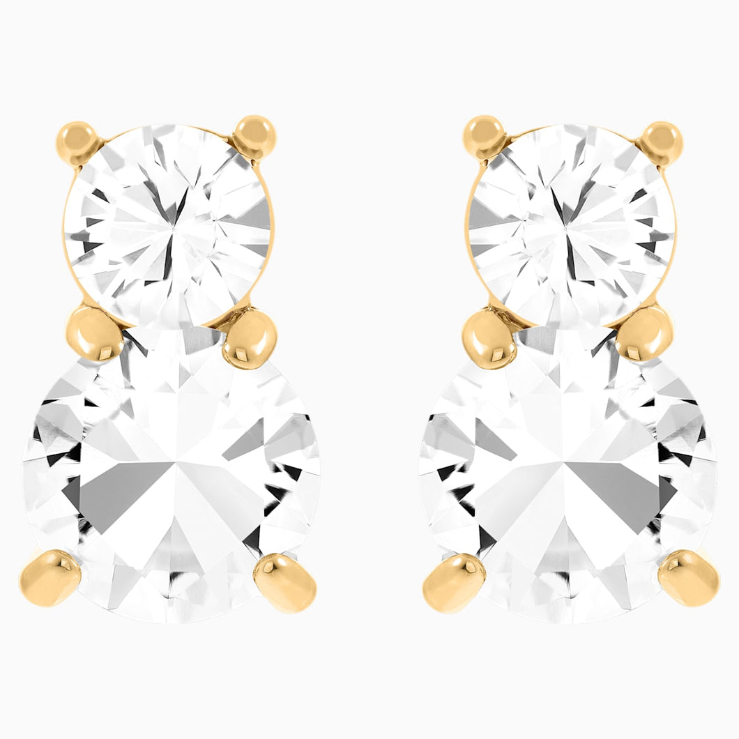 Solitaire Double Pierced Earrings, White, Gold-tone plated