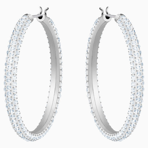 Stone Hoop Pierced Earrings, White, Rhodium plated