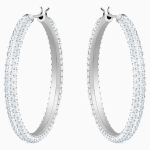 Stone Hoop Pierced Earrings, White, Rhodium plated