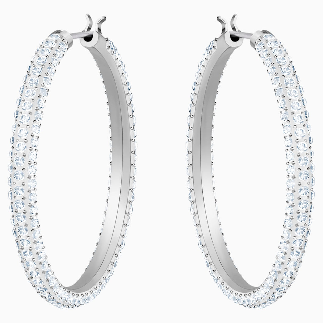 Stone Hoop Pierced Earrings, White, Rhodium plated