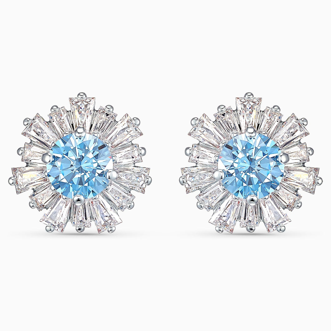 Sunshine Pierced Earrings, Blue, Rhodium plated