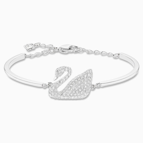 Swan Bangle, White, Rhodium plated