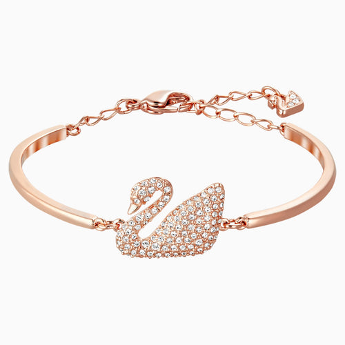 Swan Bangle, White, Rose-gold tone plated