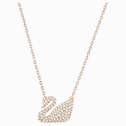 Swan Necklace, White, Rose-gold tone plated