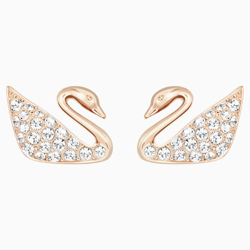 Swan Pierced Earrings, White, Rose-gold tone plated