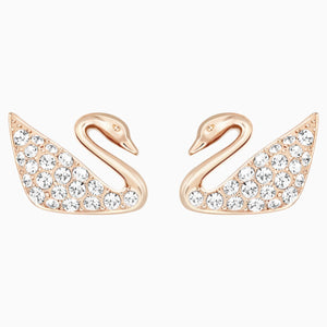Swan Pierced Earrings, White, Rose-gold tone plated