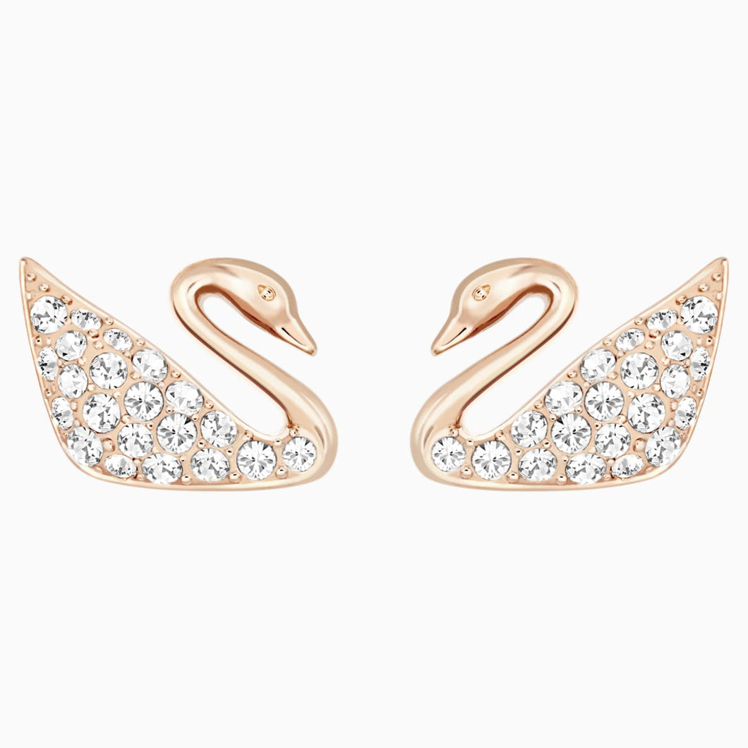 Swan Pierced Earrings, White, Rose-gold tone plated