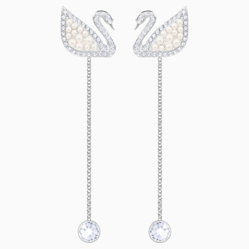 Swarovski Iconic Swan Pierced Earrings, White, Rhodium plated