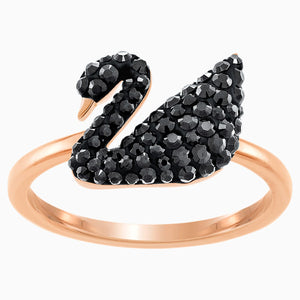 Swarovski Iconic Swan Ring, Black, Rose-gold tone plated